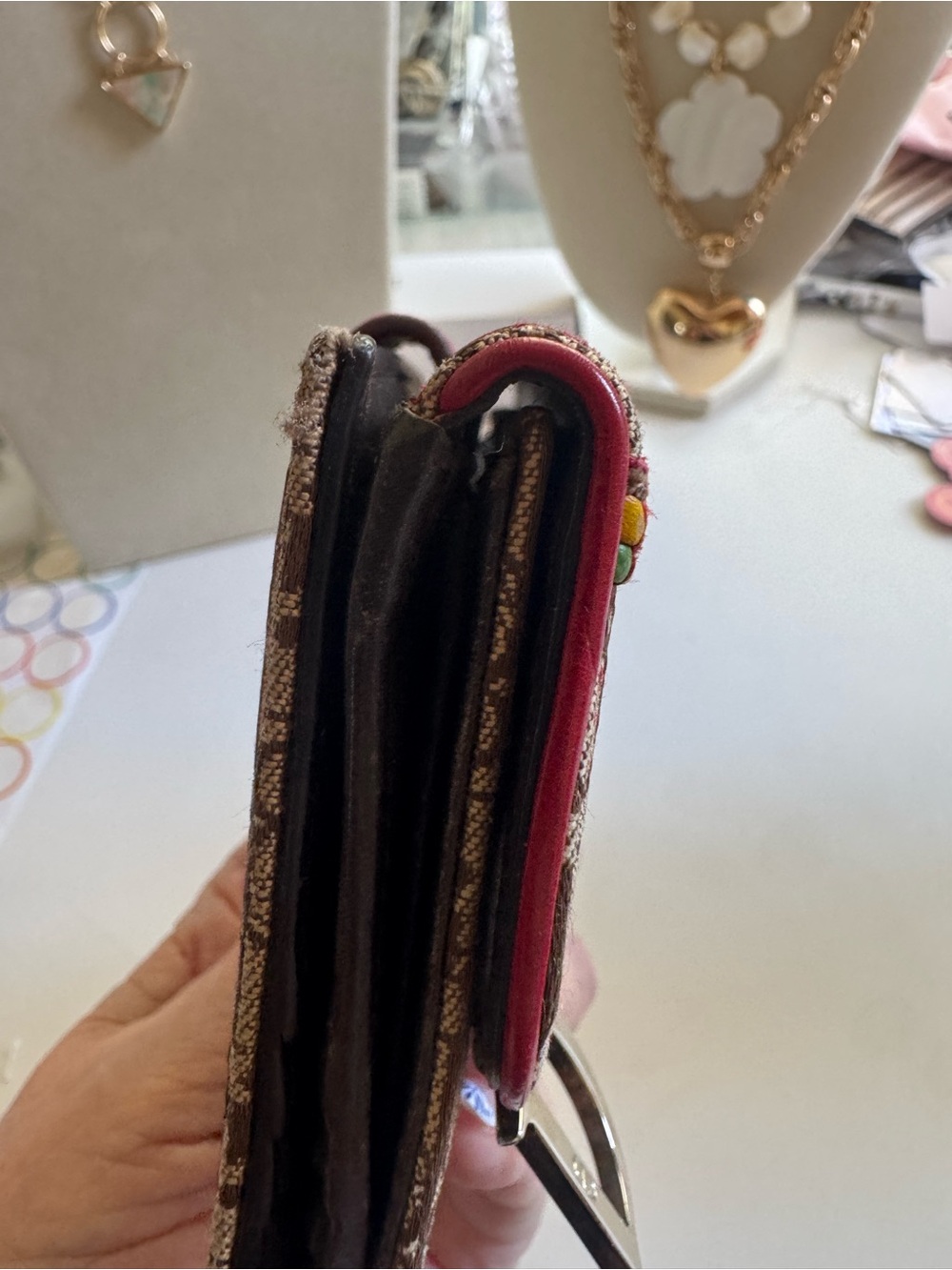 Dior Brown Monogram Canvas Tri fold Wallet with Red Trim and Green-Yellow Accent - Picture 11 of 13